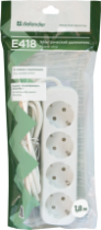 Сетевой удлинитель DEFENDER E418 4 розетки, 10А, 2200Вт, 1.8м, заземление, белый